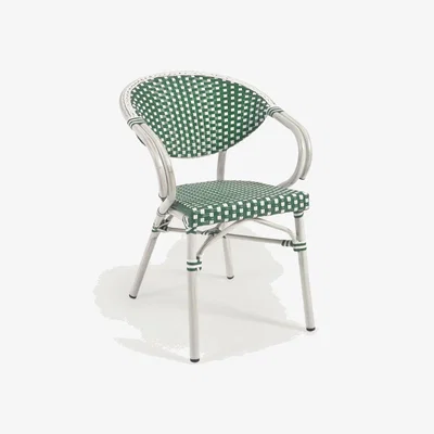 Kave Home Marilyn stackable outdoor bistro chair with arms in aluminium and synthetic rattan, green & white
