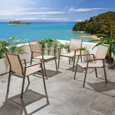 Quatropi Set of 4 Aluminium Outdoor Dining Chairs Weatherproof Textilene Garden Chairs Beige