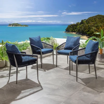 Quatropi Set of 4 Aluminium Rope Outdoor Garden Dining Chairs Blue