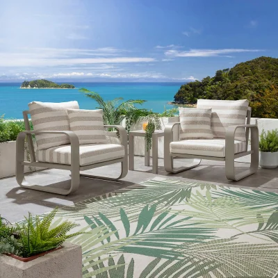 Quatropi Modern 2 Seater Garden Armchair Set & Side Table Aluminium Cream Beige Stripe