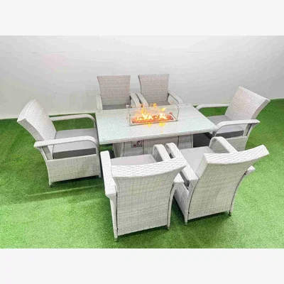 The Range Fimous Outdoor Rattan Patio Set 6 Chairs with Gas Fire Pit Table Light Grey Mixed - Light Grey Mixed