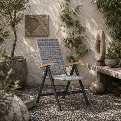 The Range Konotte Suma Folding Rattan Garden Dining Chair - Light Grey, 5-Position Recline, Wooden Armrests