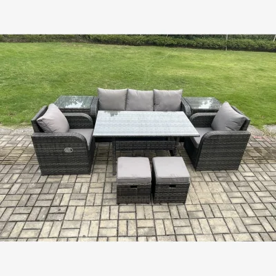 The Range Fimous 8-Piece Rattan Outdoor Set with 3-Seater Sofa and Reclining Chairs, Dark Grey Mixed. - Dark Grey Mixed