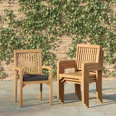The Range Henley Solid Teak Wood Outdoor Garden Stacking Chairs Pack of 4 - Green Cushions - Green Cushions