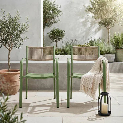 The Range Pair of Rope Back Effect Garden Bistro Metal Armchairs - Moss Green