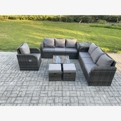 The Range Fimous 9-Seater Dark Grey Mixed Rattan Garden Furniture Set with Reclining Chair and Cushions. - Dark Grey Mixed