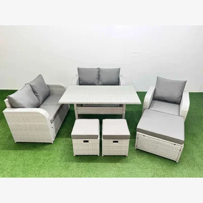 The Range Fimous High-Back Poly Rattan Garden Set with Reclining Chair and Dining Table Light Grey - Light grey rattan with dark grey fabric