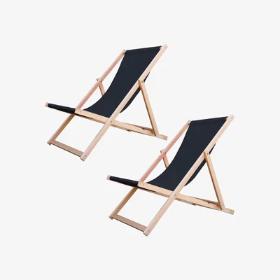 The Range Traditional Folding Wooden Deck Chairs with Canvas Fabric - Black / 2