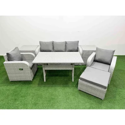 The Range Fimous PE Rattan Garden Furniture Set with Reclining Chairs, 3-Seater Sofa & Dining Table Light Grey - Light Grey with Dark Grey Fabric