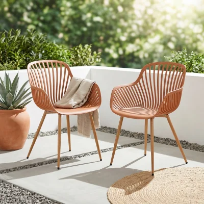 The Range Pair of Sunray Garden Bistro Armchairs With Wood Effect Legs - Terracotta