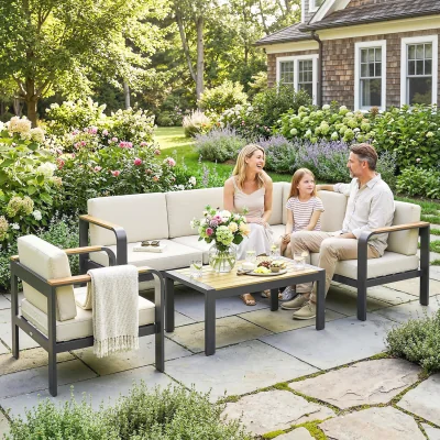 The Range Outsunny Garden Furniture Set with L-Shaped Sofa, Armchair and Table - Beige