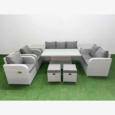 The Range Fimous PE Rattan 9-Seater Garden Furniture Set Reclining Chairs Lifting Table Light Grey - Light grey