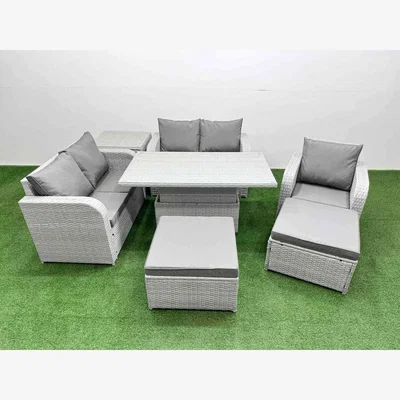 The Range Fimous High Back Poly Rattan 7-Seat Garden Furniture Set with Reclining Chairs Light Grey - Light Grey