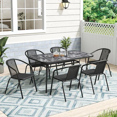 The Range Garden Rectangular Marble Effect Table with Chairs Set - Black / 1 Table, 6Chairs