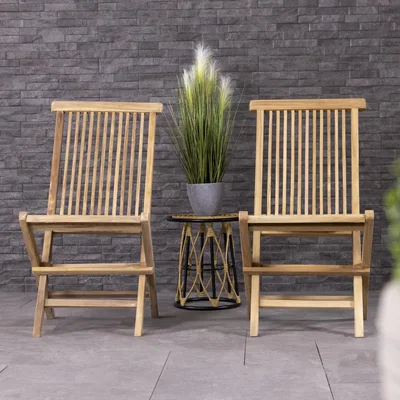 The Range Pair of Solid Wooden Teak Outdoor Folding Garden Patio Chairs - Natural Wood