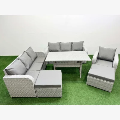 The Range Fimous 9-Seater Poly Rattan Outdoor Set with Tempered Glass Table & Reclining Chairs Light Grey - Light grey rattan with dark grey fabric