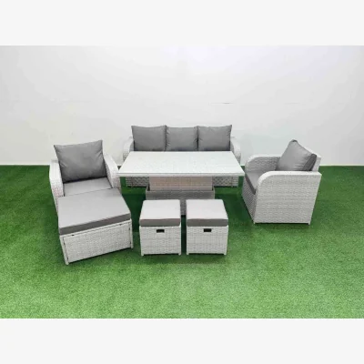 The Range Fimous PE Rattan Garden Furniture Set, Reclining Chairs, 3-Seater Sofa, Lifting Table, Light Grey. - Light Grey