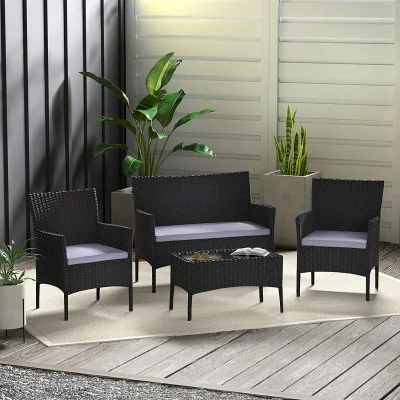 The Range MCC Direct Roger 4-Piece Rattan Garden Furniture Set - 2-Seater Sofa, 2 Armchairs, Coffee Table - Black