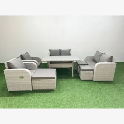 The Range Fimous 9-Seater PE Rattan Outdoor Set with Reclining Chairs, Light Grey - Light grey rattan with dark grey fabric