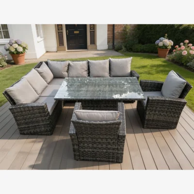 The Range High Back PE Rattan Garden Furniture Rising Table Set 2 Armchair - Dark Grey Mixed