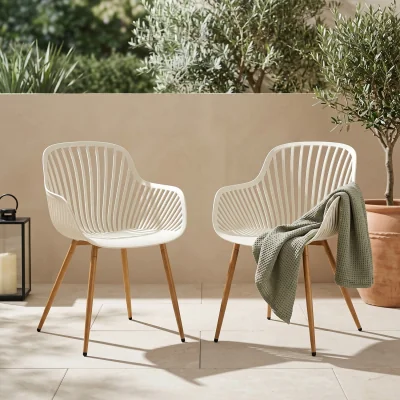 The Range Pair of Sunray Garden Bistro Armchairs With Wood Effect Legs - White