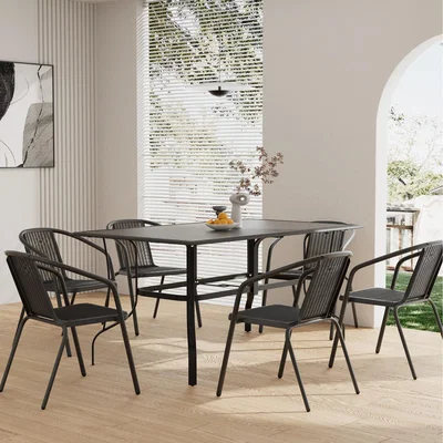 The Range Garden Metal Slatted Table with 6 Rattan Chairs Set - Black / 150cm W x 90cm D x 75cm H