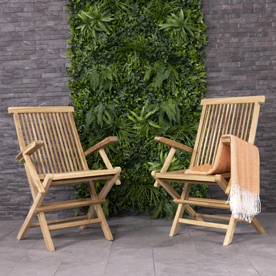 The Range Pair of Solid Wooden Teak Garden Outdoor Folding Arm Chairs - Natural