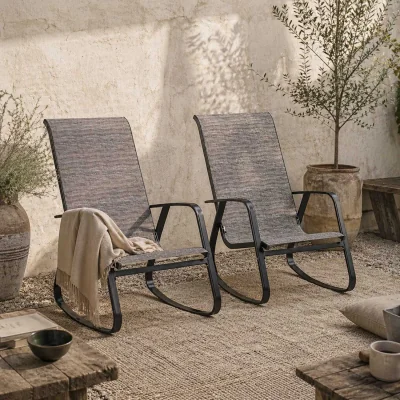 The Range Suvi Metal Light Brown Mesh Set of 2 Outdoor Rocking Garden Chairs