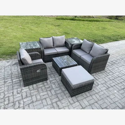 The Range Fimous 7-Piece 6-Seater PE Rattan Outdoor Patio Set with Tempered Glass Tables and Reclining Chairs. - Dark Grey Mixed
