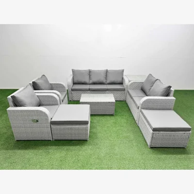 The Range Fimous PE Rattan Garden Furniture Set Light Grey Reclining Chairs Love Seat 3-Seater - Light Grey