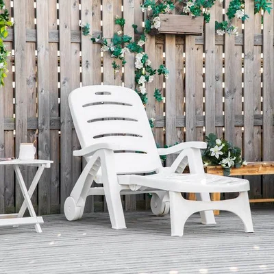 The Range Outdoor Folding Plastic Chaise Lounge Chair on Wheels - White / Folding chaise lounge