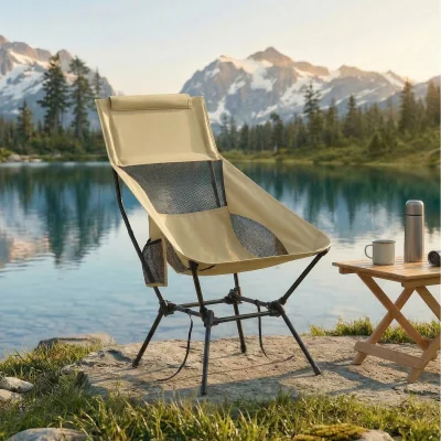 The Range Folding Outdoor Chair, Adjustable High Back Camping Seat with Head Support - Brown