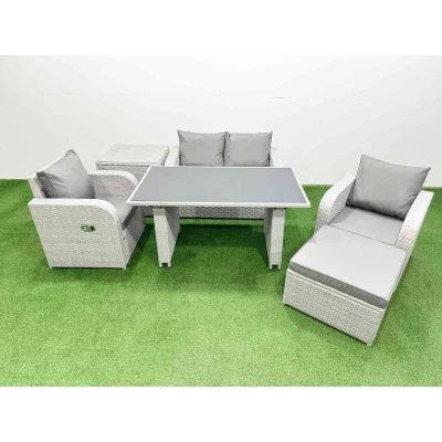 The Range Fimous PE Rattan 5-Seater Garden Set with Reclining Chairs and Tempered Glass Table. - Light grey rattan + dark grey fabric