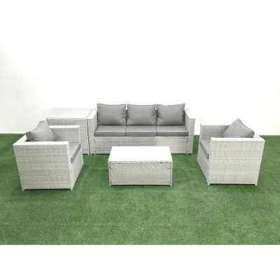 The Range Fimous 5-Seater Rattan Garden Set with 3-Seater Sofa, 2 Armchairs and Tables Light Grey Mixed - Light Grey Mixed