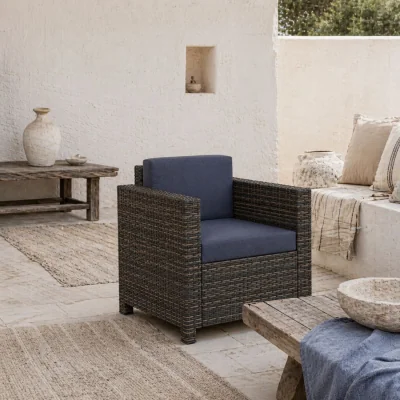 The Range Zivi Faux Rattan Mixed Brown and Navy Garden Armchair with Cushion