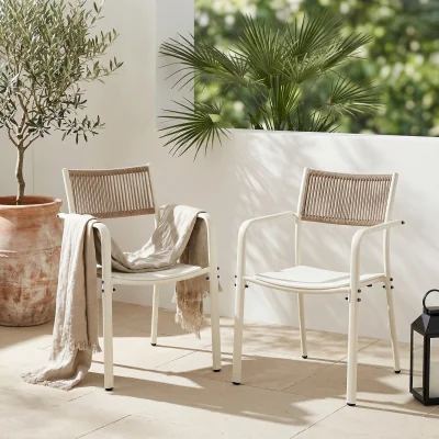 The Range Pair of Rope Back Effect Garden Bistro Metal Armchairs - White