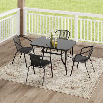 The Range Outdoor Tempered Glass Patio Table with Four Rattan Chairs - Black