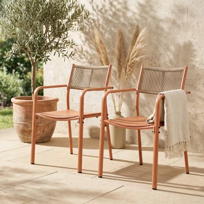 The Range Pair of Rope Back Effect Garden Bistro Metal Armchairs - Terracotta