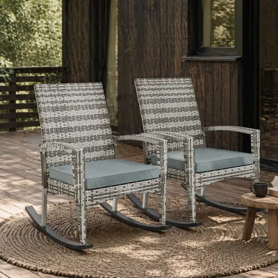 The Range Noreke Set of 2 Light Grey Rattan Garden Rocking Chairs with Cushions