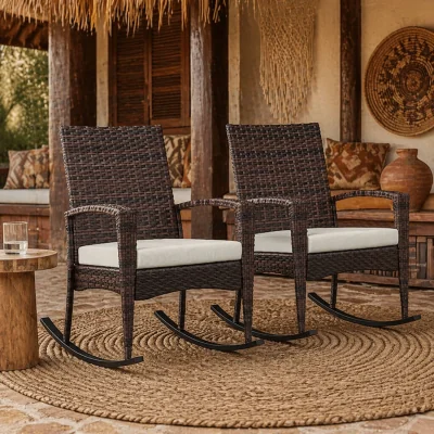 The Range Ralave Set of 2 Brown Rattan Garden Rocking Chairs with Cushions