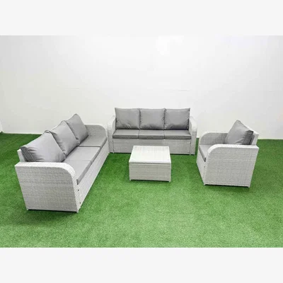 The Range Fimous 7-Seater Poly Rattan Garden Furniture Set with Reclining Chair and Square Glass Table. - Light Grey