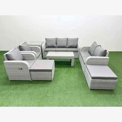 The Range Fimous PE rattan 9-seater garden furniture set with adjustable reclining chairs and glass-top table. - Light grey rattan with dark grey fabric