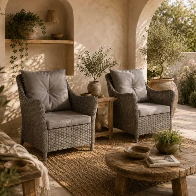 The Range Neluli Rattan Dark Grey Set of 2 Outdoor Armchairs with Cushions and High Back