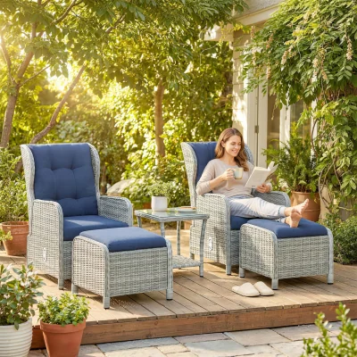 The Range Outsunny Garden Furniture Set, Rattan Reclining Garden Chair Set - Blue