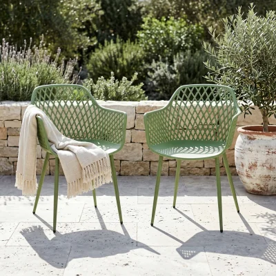The Range Pair of Lattice Back Garden Bistro Armchairs - Moss Green