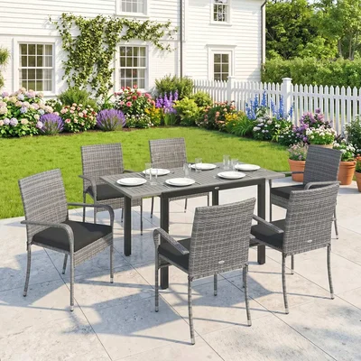 The Range Outsunny 7 Piece Rattan Garden Furniture Set with Stackable Chairs - Light Grey