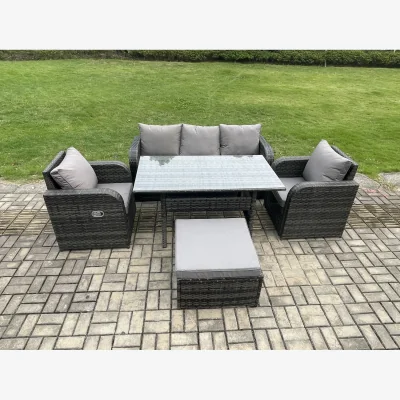 The Range Fimous 5-Piece PE Rattan Garden Furniture Set with Reclining Chairs and Rectangular Glass Table - Dark Grey
