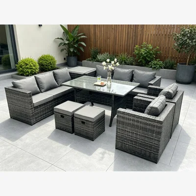 The Range Fimous Rattan Garden Sofa Table 10 Seat 2 Armchair Side Table - Dark Grey