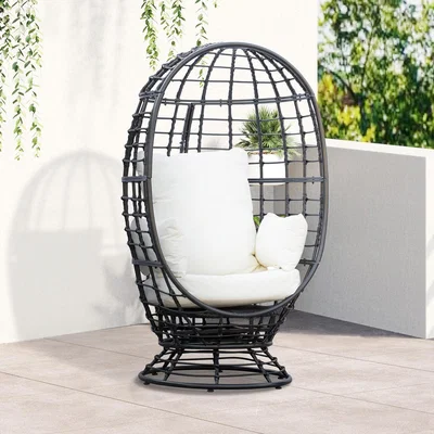 The Range Swivel Egg Chair Rattan Outdoor Chair with Cushion and Pillow - Black