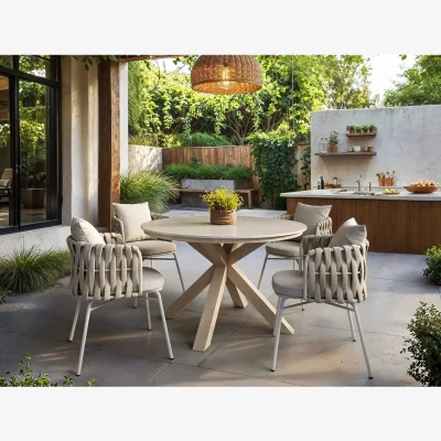 The Range Florence Round Garden Stone Dining Table with 4 Louisa Chairs - Beige
